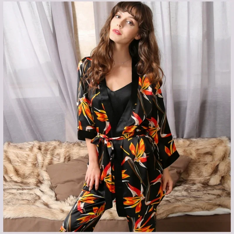 100% Mulberry Silk Women's 3 Piece Set Robe Pajamas Loungewear Long Sleeve Belted Robe with Camisole Top and Pants Nightwear PJ