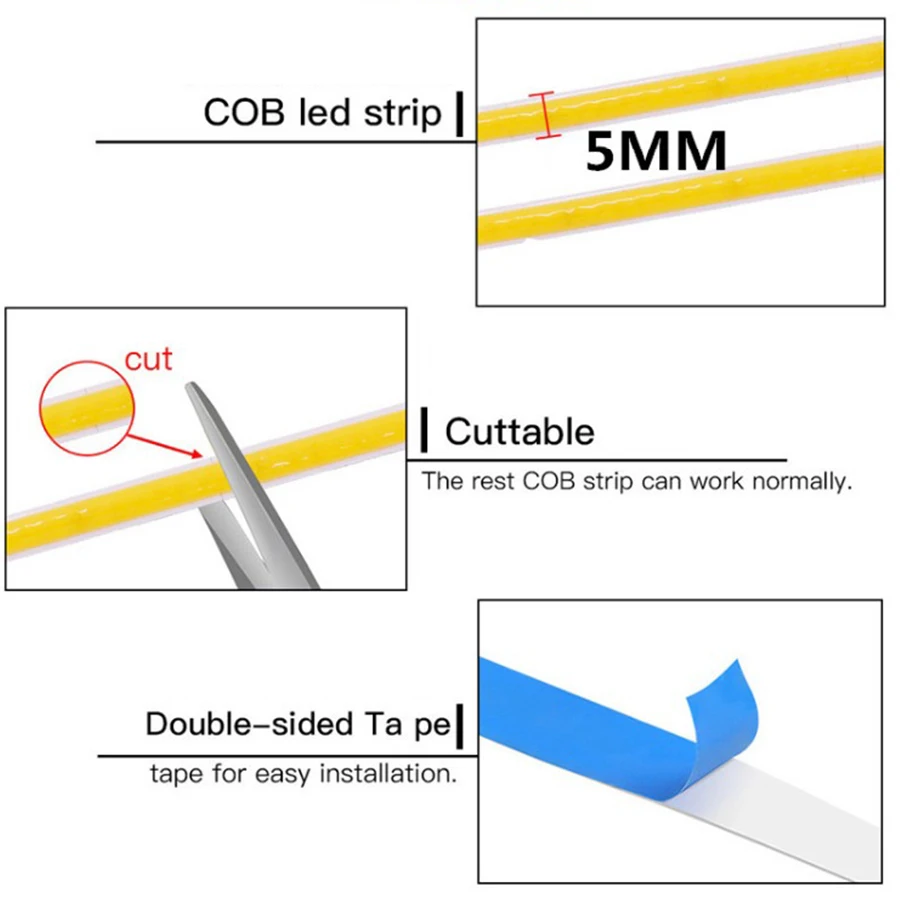 COB LED Strip 12V 24V Flexible 3mm 5mm 8mm 10mm Width RA 90 High Bright Led Tape Light Bar Ice Blue White Red Green Pink Yellow