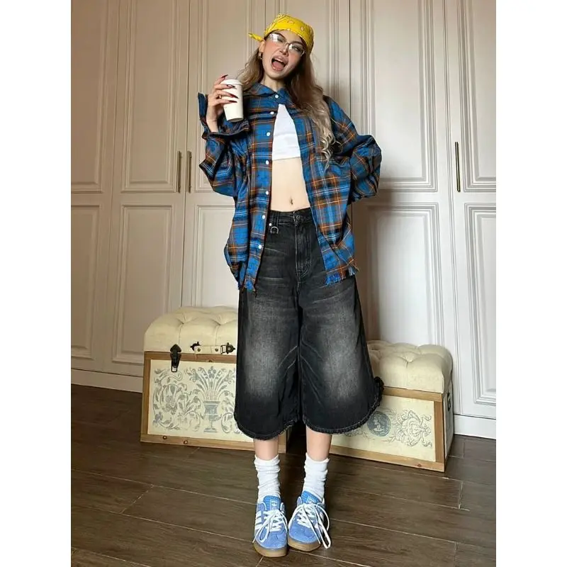 American Style Retro Black Straight Leg Jeans Women's Summer Seven Quarter Pants Cool Girls High Street Denim Shorts