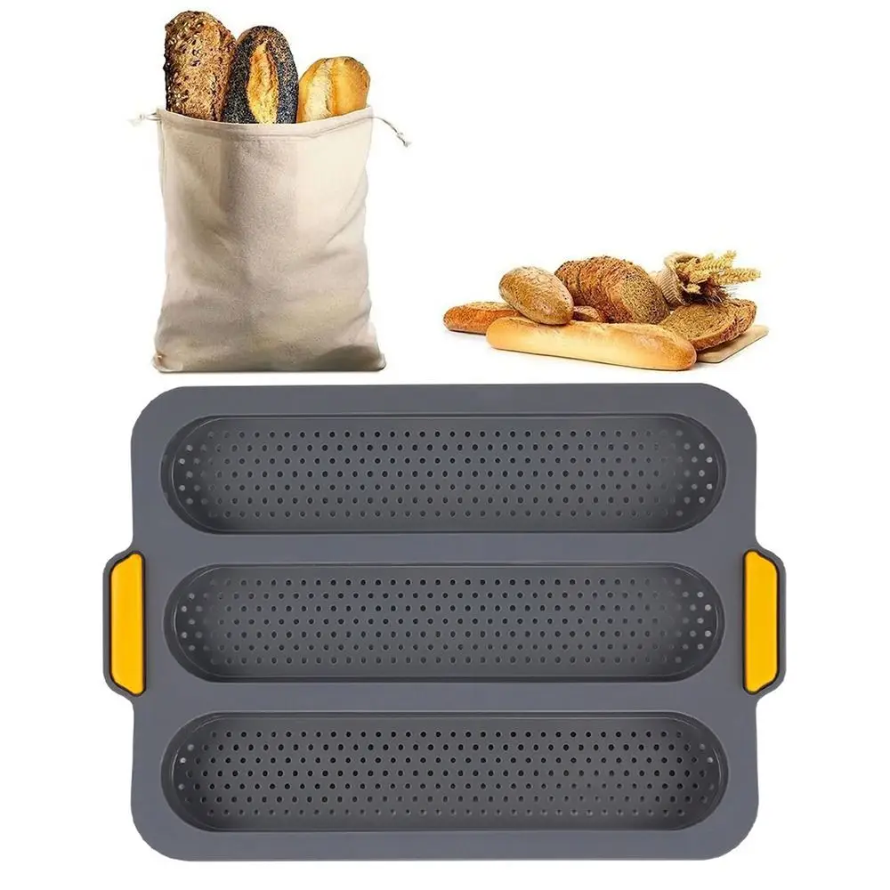 

3 Slot Long Stick Bread Baking Tray Non-stick Easy Clean Silicone Loaf Pan Large Capacity Heat Resistant Perforated Bread Mold