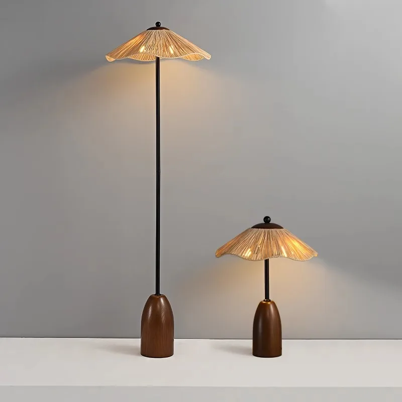 

Medieval Wabi-sabi Style Living Room Sofa Floor Lamp Solid Wood Straw Bedroom Bedside Vertical Table Lamps