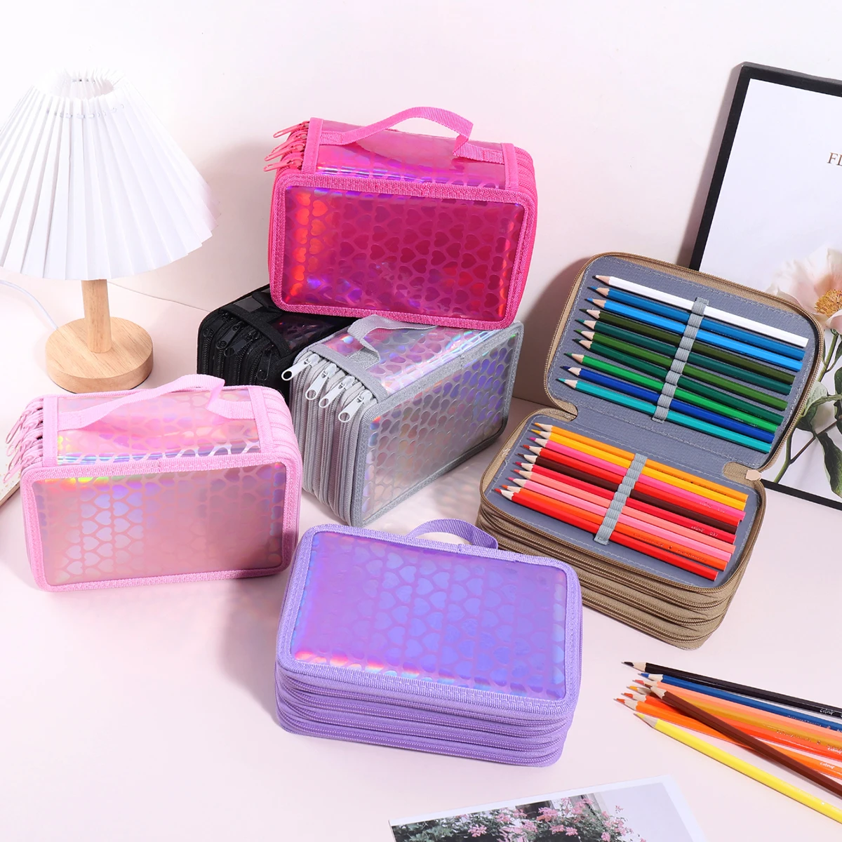 Estuche para lápices de cuatro capas con corazón brillante, bolsa de almacenamiento de papelería exquisita portátil, estuche para lápices de dibujo artístico esencial para la escuela, 1 ud.