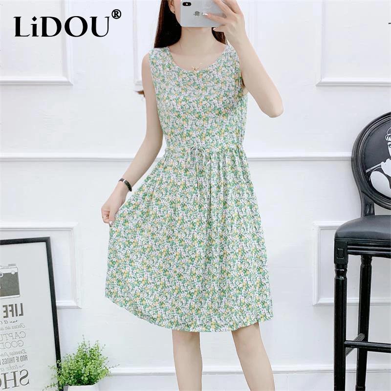 

Summer New Korean Style Kawaii Elegant Fashion Dress Women Print Floral Aesthetic Vestidos De Fiesta All Match Chic Robe Femme