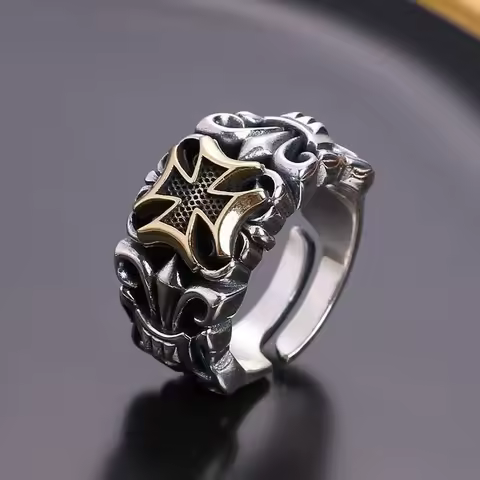 1 vintage Thai silver cross men's ring, open design, unique, stylish, bold, and trendy.