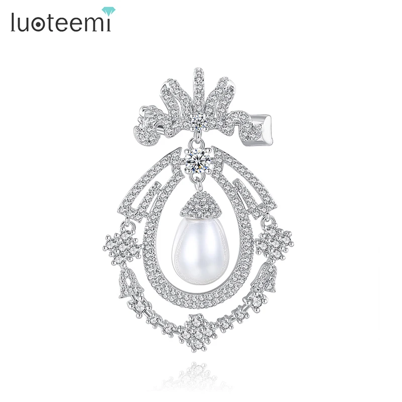 LUOTEEMI Shine Cubic Zirconia Unique Design Brooch Luxury Oval Shape Simulated Pearl Pin for Woman Bridal Engagement Accessories