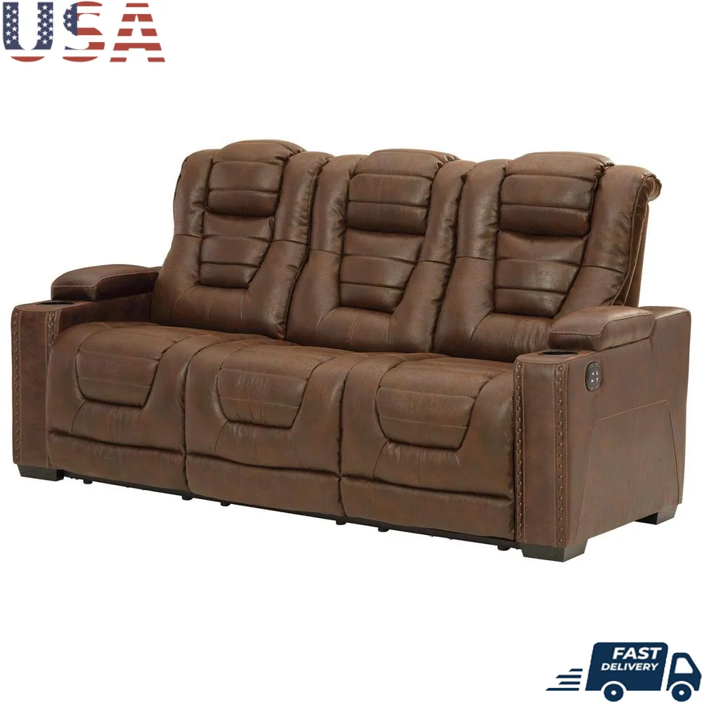 

Reclining Sofa Adjustable Headrest Faux Leather Cup Holders Storage Docking Station Casual Rectangular Fabric Standard 82.63"