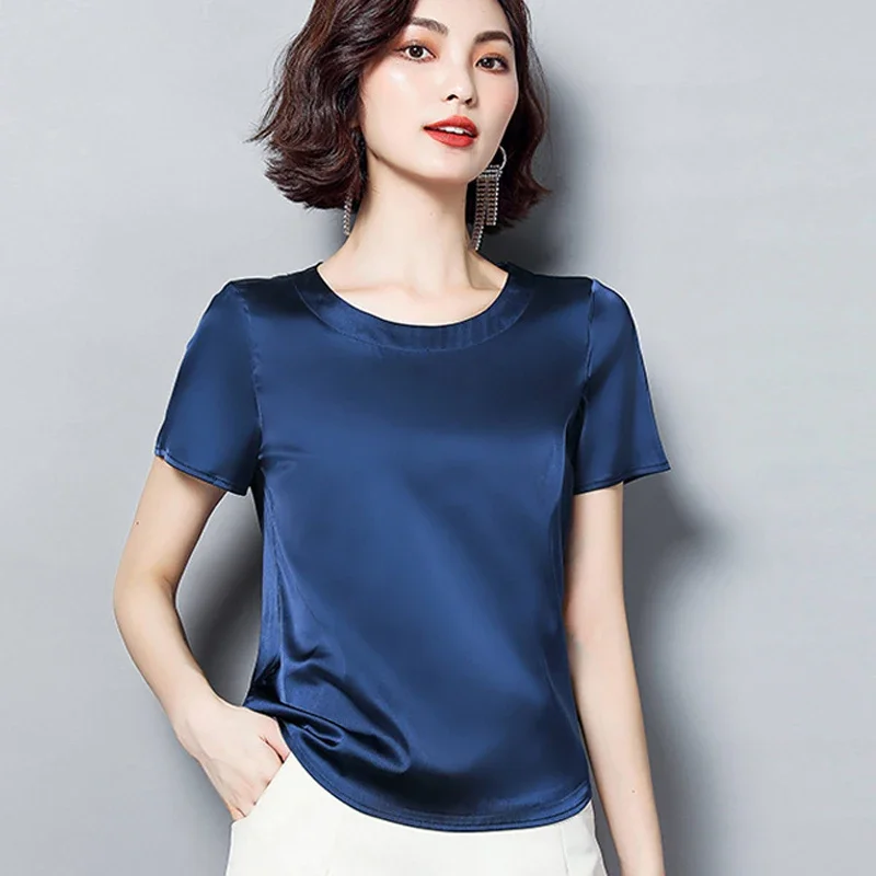 Blusa elegante de manga corta para mujer, blusa básica de talla grande, seda satinada, hermosa blusa blanca para mujer