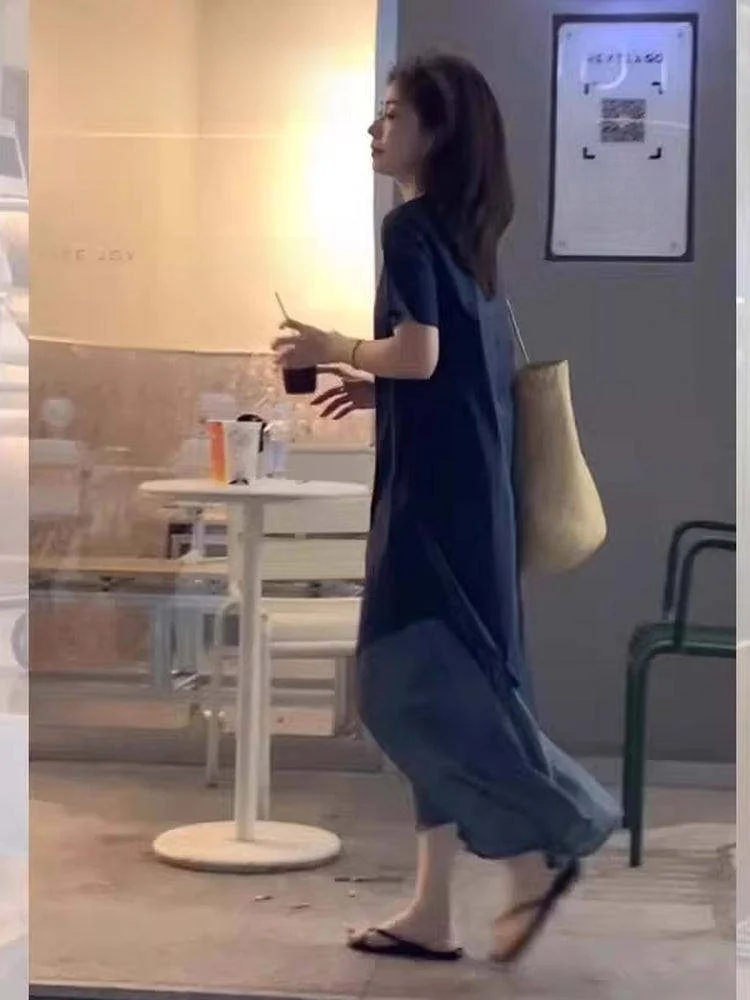 

Summer Large Size Dr Fake Two-Piece Patchwork A-Line Design Asymmetrical Belly Concealing Long Skirt French Sle High Wai...