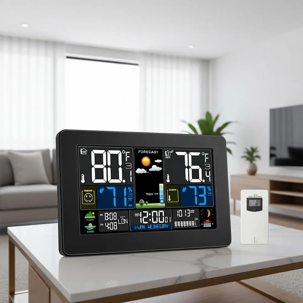 

Беспроводной термометр и гигрометр для помещений/улицы с большим дисплеем, часами, прогнозом погоды и фазами Луны