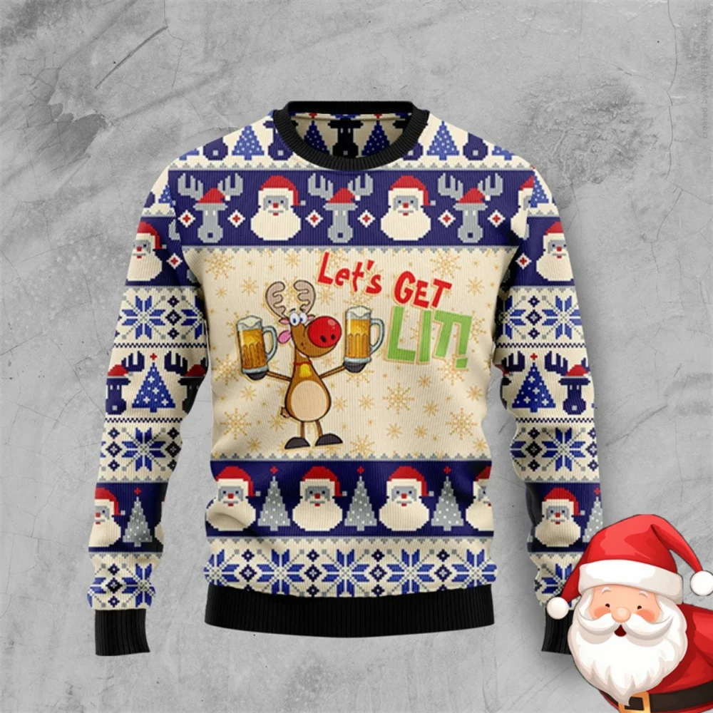 

Men Women Xmas Sweatshirt 3D Printed Christmas Beer Ugly Christmas Sweater Long Sleeve Sweater Unisex Pullover Holiday Party Top