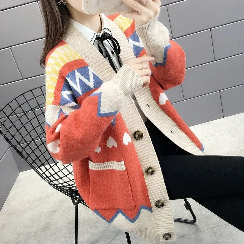 Women Autumn Fashion Loose Pocket V-neck Long Sleeve Knitwear Tops Women Clothes Trend All-match Sweet Knitting Cardigan Coat