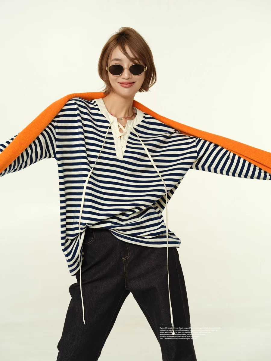 

Классическая женская футболка UMD в полоску, свободного кроя, с длинным рукавом, повседневная, с круглым вырезом и завязками, базовый слой, повседневный топ