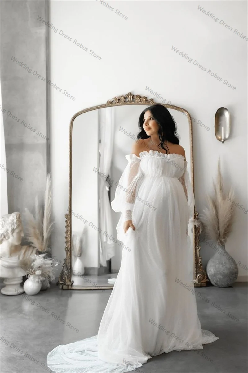 

White Wedding Maternity Dress Photography Full Sleeves Off Shoulder Bride Robe Ruffles Wedding Prom Gowns Customized