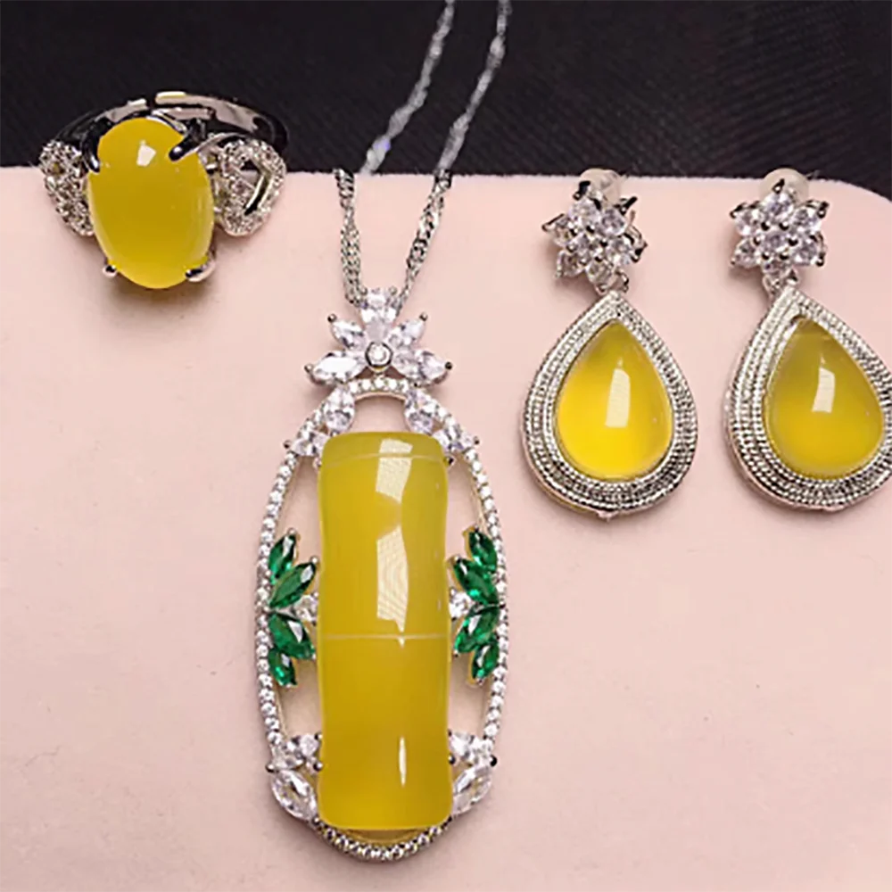 

Agate yellow jade marrow set with 925 silver inlay set, women's three piece set, earrings, bamboo pendant ring