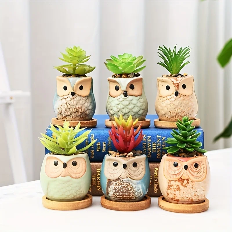 

6pcs Japanese And Korean Owl Meat Flower Pot, Ceramic Home Green Potted Table Gardening Small Meat Flower Pot