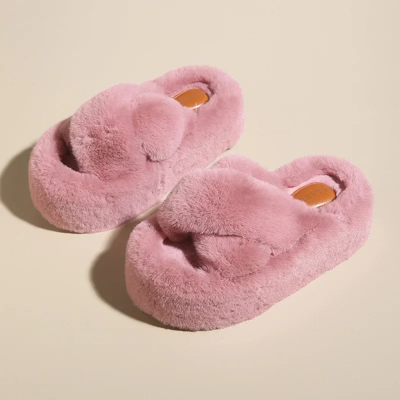 Winter Women Home Indoor Casual Fuzzy Slippers Flip Flops Fluffy Fur Cross Thick Sole Slides Outdoor Ladies Soft Plush Slippers