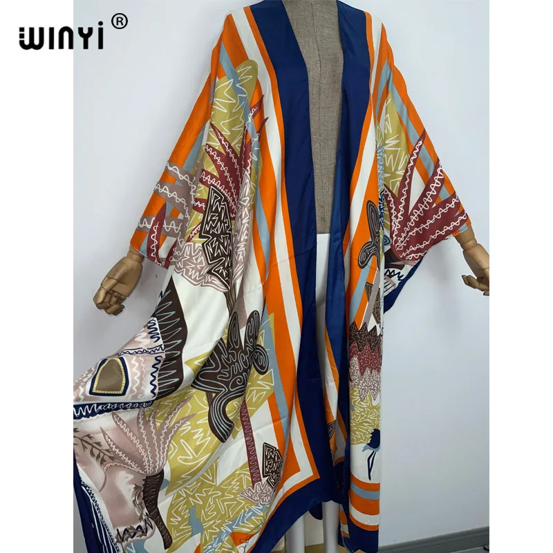 WINYI Sommer mode Strand Tragen Badeanzug Cover Up Dame Boho Strickjacke Retro druck elegante Seidige sexy Urlaub Kimono kaftan