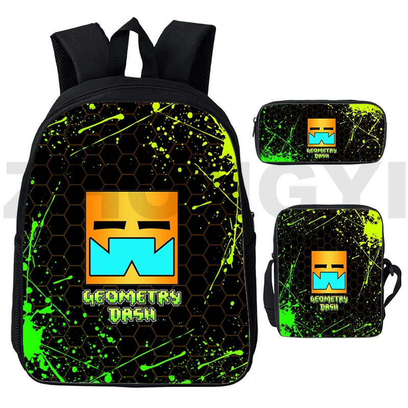 Popolare Angry Geometry Dash Zaini 3D Borse da scuola per adolescenti High Street 3 pezzi / set Zaini di grande capacità Borsa da viaggio di moda