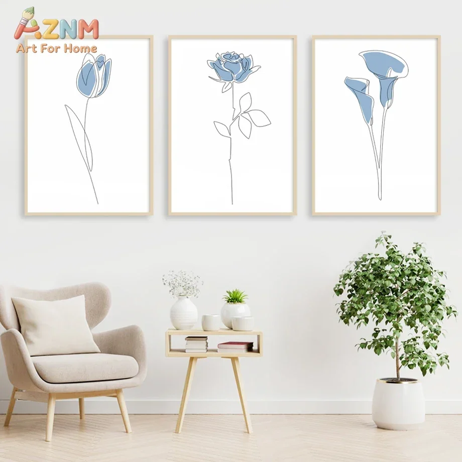 AZNM Minimalist Blue Flower Line Art Wall Art Canvas Print Unframed Modern Single Line Tulip Rose Calla Lily Botanical Painting