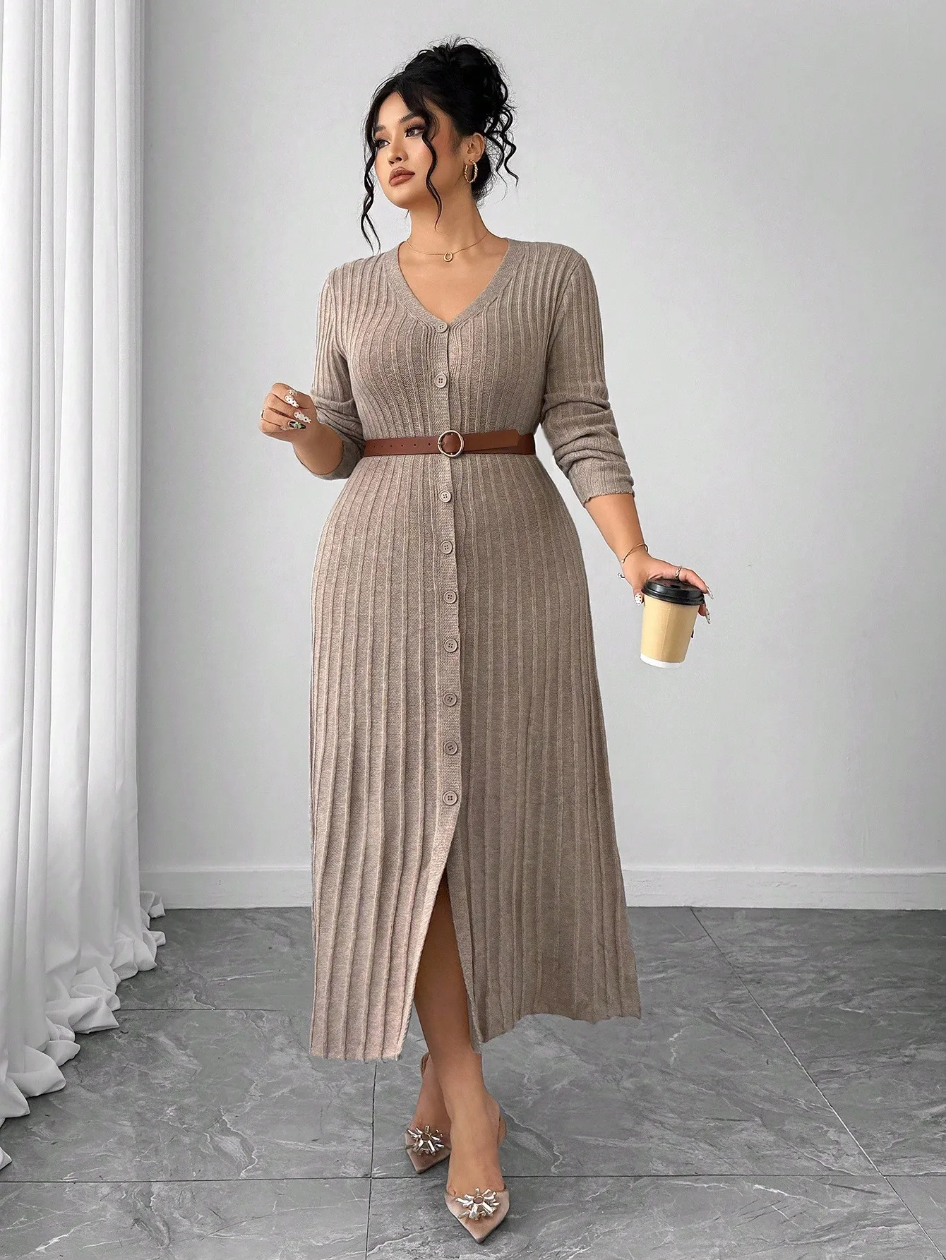 Elenzya Women Plus Size V-Neck Long Sleeve Ribbed Knit Dress with Belt & Front Slit