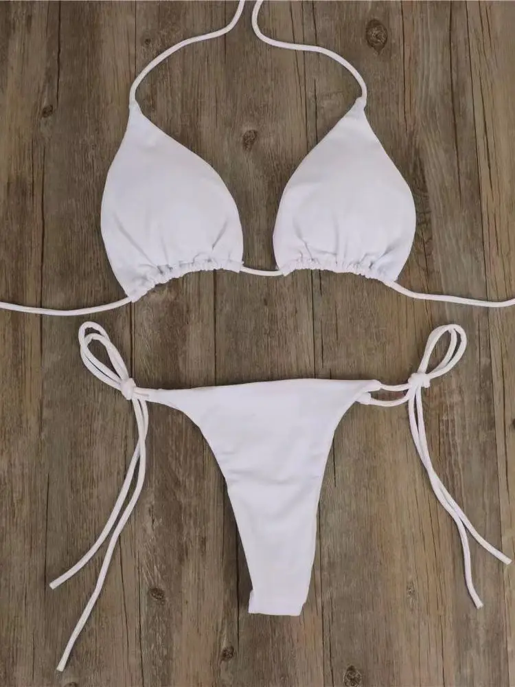 Kobiety seksowne stringi Bikini Set boczne wiązanie na szyi stroje kąpielowe damski pasek z rozcięciem regulowany bandaż styl brazylijski kostium kąpielowy strój kąpielowy