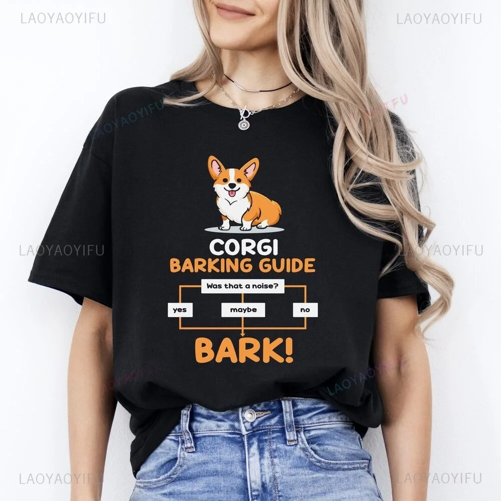 Corgi Barking Guide for Dog Lovers Cotton T-shirt Gift Funny Corgi Mom Unisex T-shirts Comfy Crewneck Short Sleeve