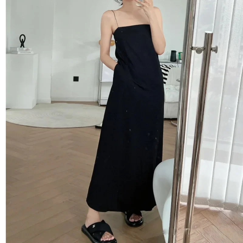 2023 Spring and Summer New Minimalist Style Classic Basic Black Suspender Long Dress for Women