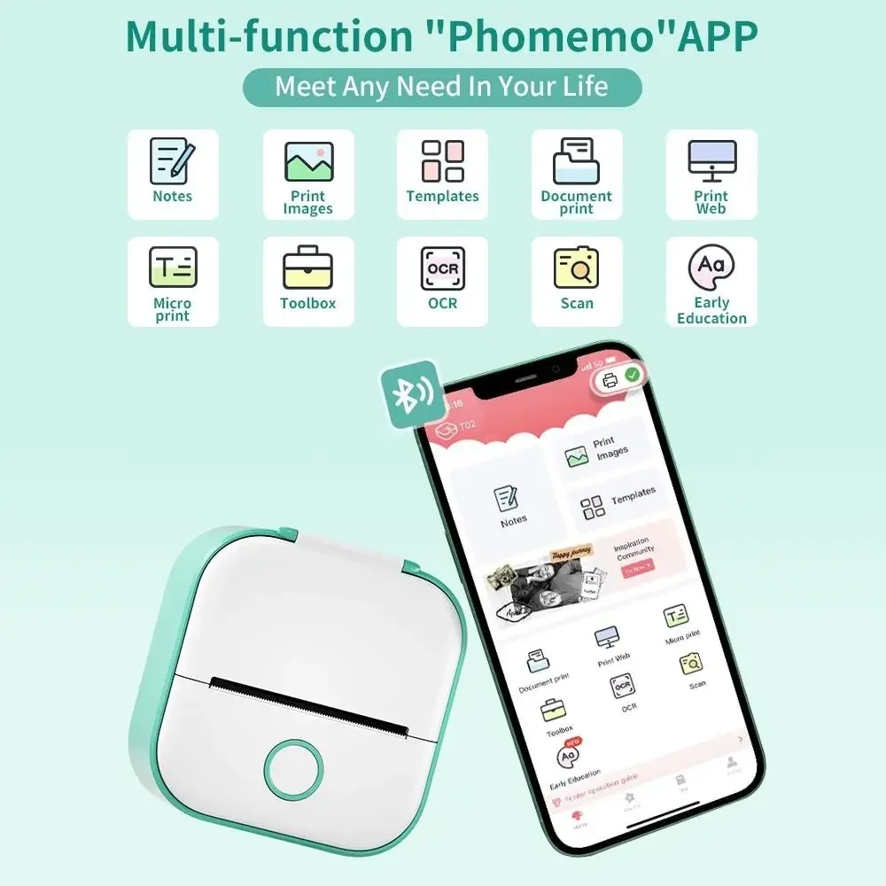 T02 Portable Mini Printer Bluetooth Inkless Thermal Sticker Maker With Roll Paper