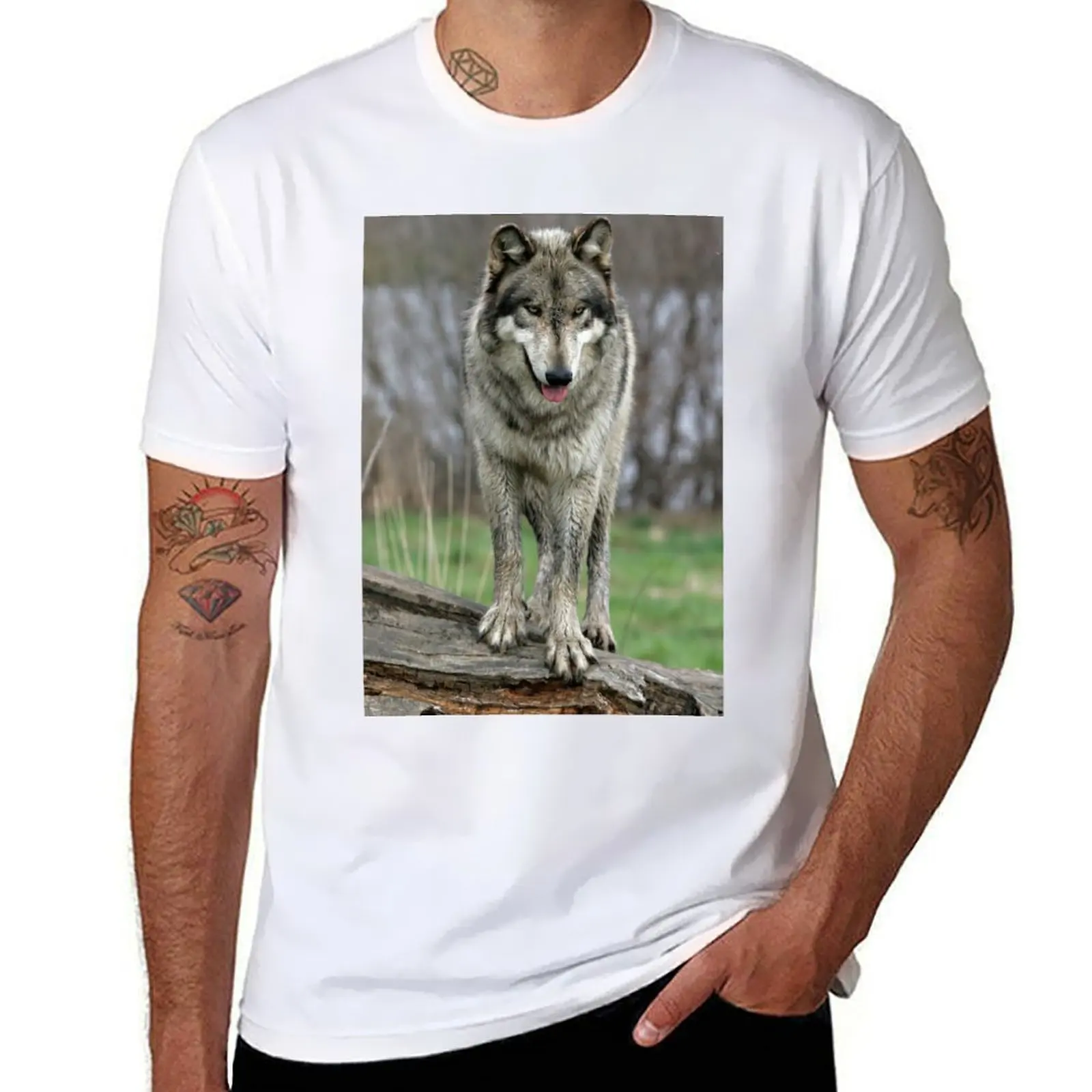 

wolf standing on a log T-Shirt t shirt man plain t shirt for man 100 percent cotton T-shirt
