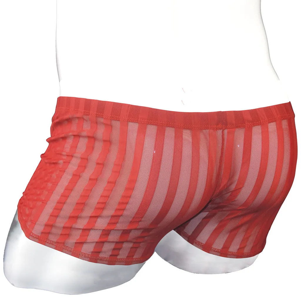 مخطط الصندوق الملابس الداخلية للرجال مثير العشير شبكة تنفس مطبوعة شفافة جذوع مثليون جنسيا منخفضة الارتفاع U محدب الحقيبة السروال