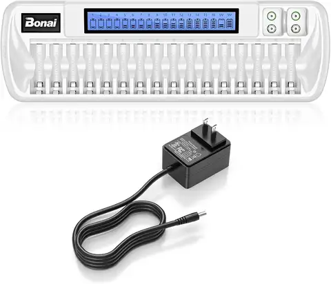 เครื่องชาร์จแบตเตอรี่แบบชาร์จได้ 16+2 ช่อง AA/AAA NiMH NiCd พร้อมจอแสดงผล LCD และอะแดปเตอร์ AC - สีขาว