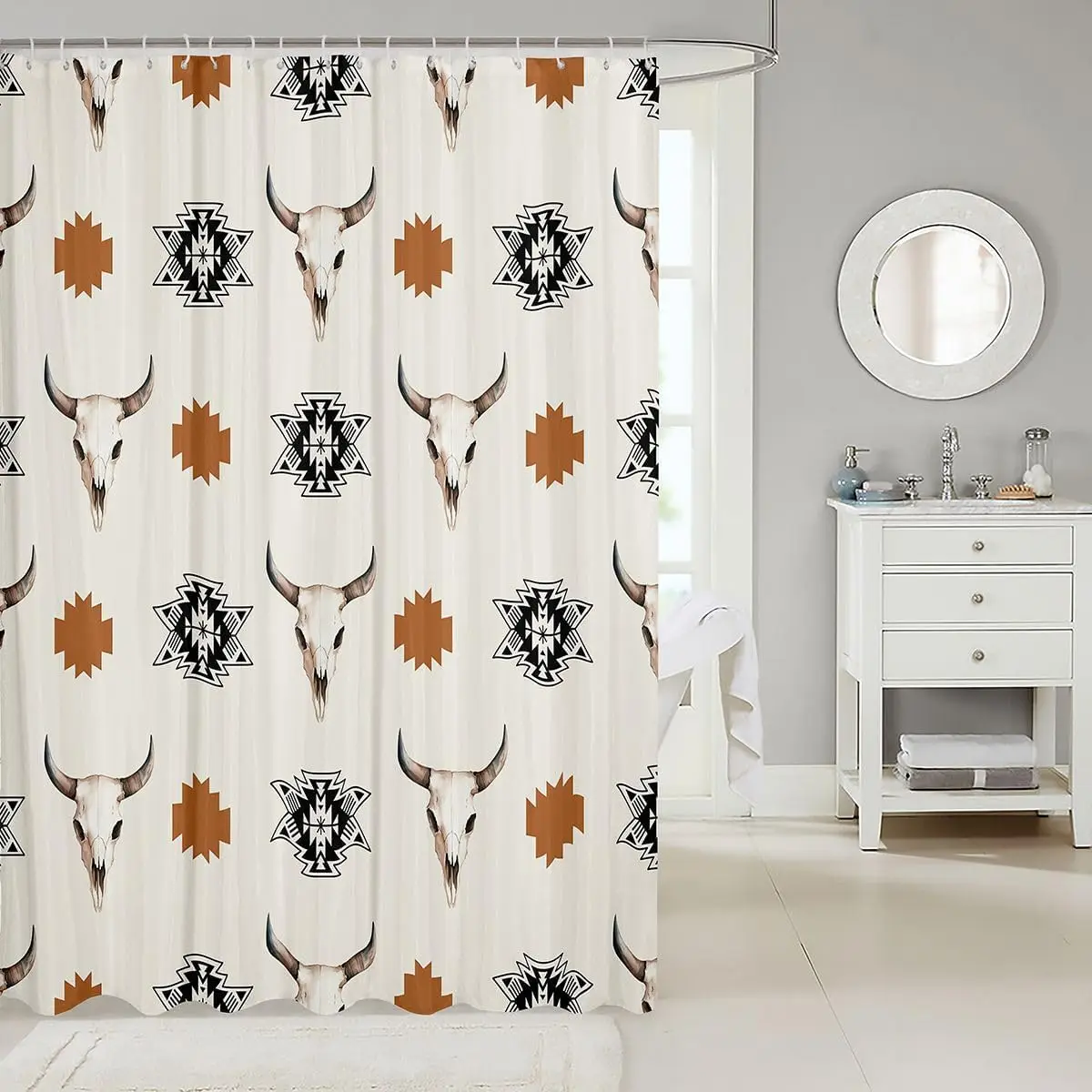 Waterproof Polyester Shower Curtain Skull Print Western Boho Tribal Style Bathroom Curtain Liner Decor for Modern Rustic Farmhou