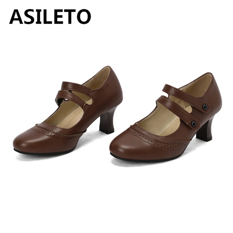 

ASILETO Summer Spring Cute Women Pumps Mary Janes 6cm Small Heels PU Ankle Strap Buckle Green Brown Black Big Size 46 47 48