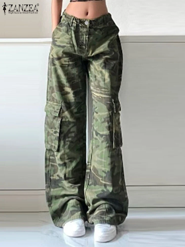 

Women Camouflage Pants ZANZEA Summer Vintage Long Trousers Streetwear High Waisted Pantalone Casual Loose Holiday Pocket Bottoms