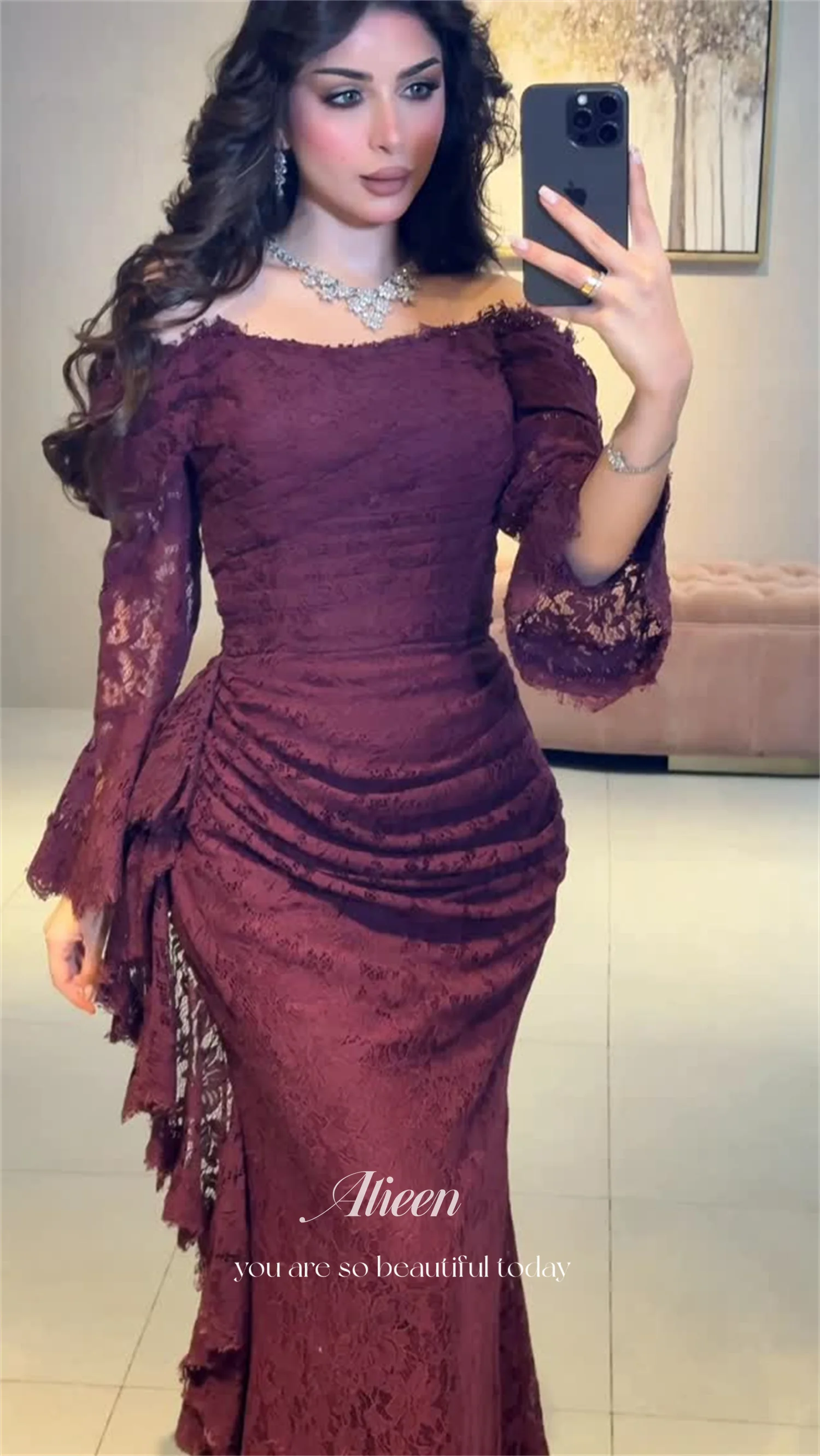 Aileen Luxuriöse Abendkleider für Damen, Marken-Spitzenkleider, Geburtstagskleid, maßgeschneidert, Burgunderrot, Meerjungfrauenkleid – Detail 8