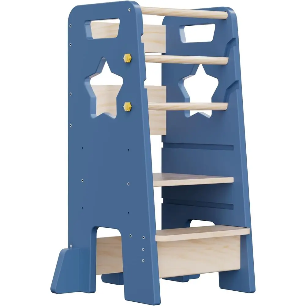 

3-Level Adjustable Wooden Step Stool for Kids with Removable Safety Bars in Mist Blue