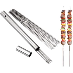 Stainless Steel Barbecue Skewer BBQ Shish Kebab Flat Forks Storage Tube For Outdoor Camping Picnic Cooking Tools Reusable 20Pcs