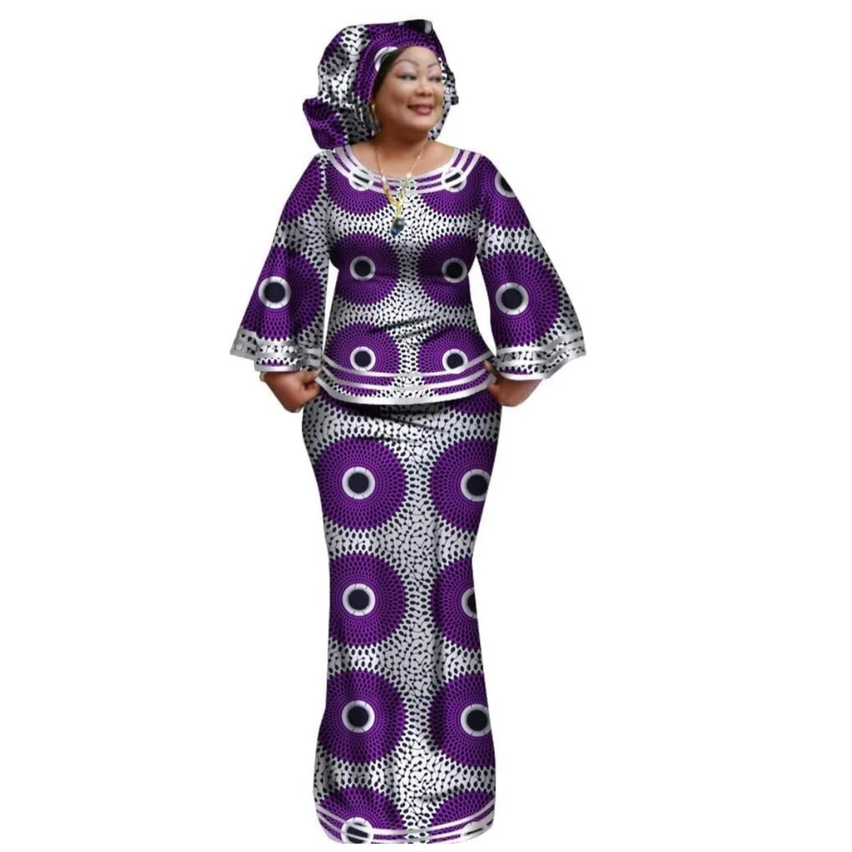African Clothes for Women Ankara Print Long Sleeve Top and Skirt 2 Pieces Set with African Headwrap Lady Dashiki Clothing WY2372