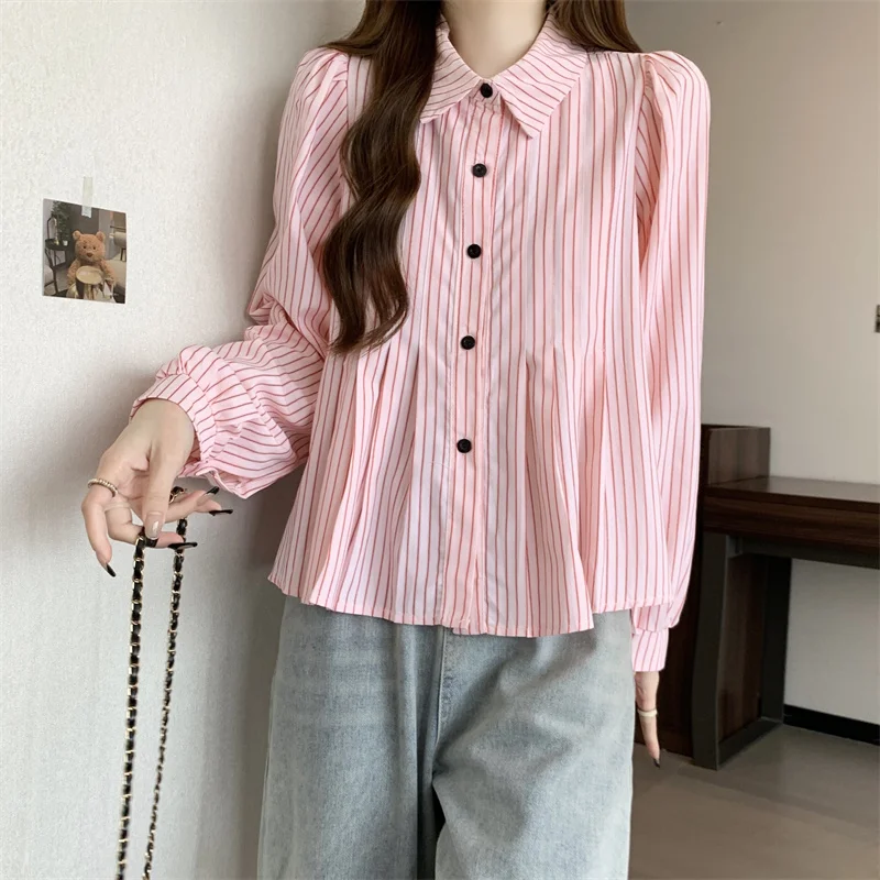 Women's Spring and Autumn Korean Fashion Stripe Polo Collar Long sleeved Shirt Cute Y2K Casual Loose Academy Style A-Line Top