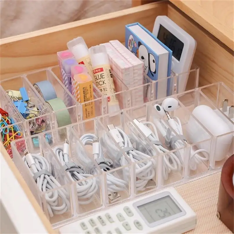 The transparent plastic Data Cable Storage Box household cable MobilePhone Charger Charging Cable Finishing Box Divided Grid Box