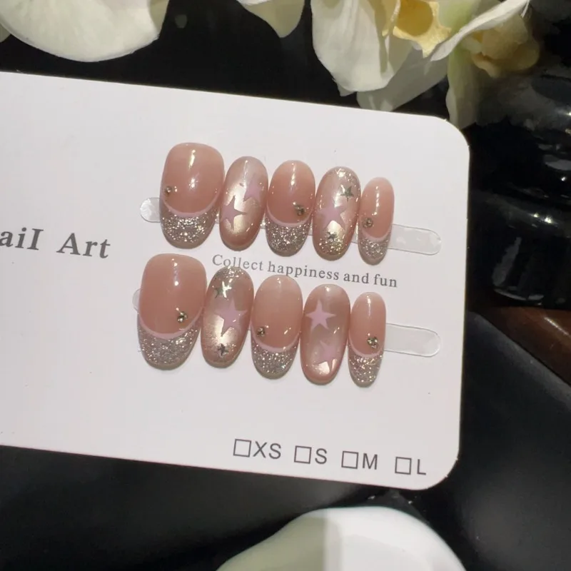 10PCS Nude Pink Cat Eye Handmade Press on Nails Sweet Star Short Oval False Nail Glitter Sequin Ins French Fake Nails Wearable