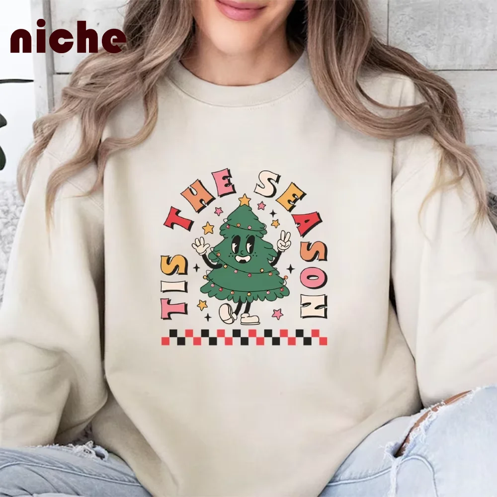 

Ladies Hoodie Sweater Christmas Style Cartoon Letter Pine Graphic Printing Pure Cotton Loose High Quality Soft New Sweatshirt