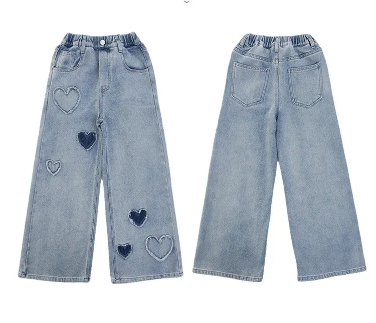 Weite Schulhosen für Mädchen mit Herz-Design, Lässige, Lockere 2025 Neue Frühlingsmode Lange Jeans, Kinderhosen im Koreanischen Stil – Detail 8