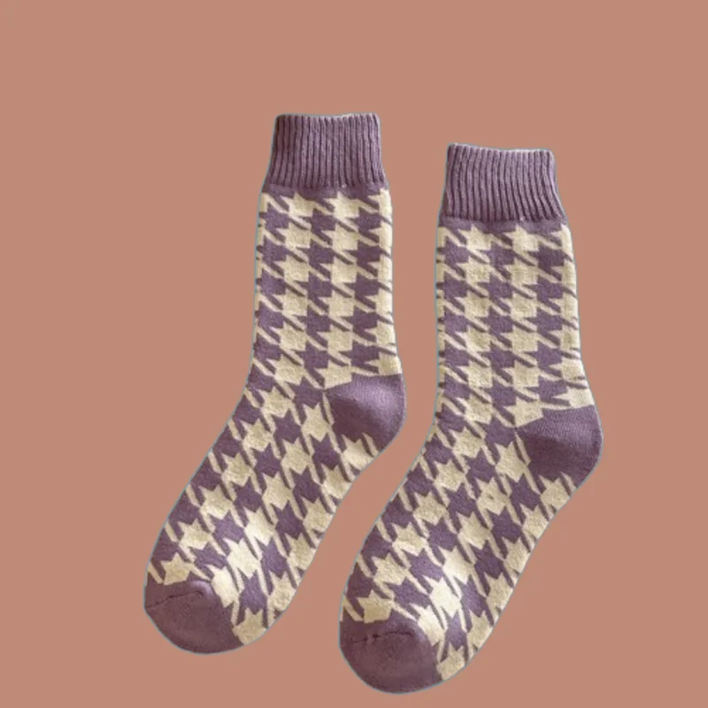 3/6 Pairs Women Autumn and Winter Plus Velvet Middle-tube Women's Socks Ladies Winter Plaid Cotton 2024 New Socks Purple Socks