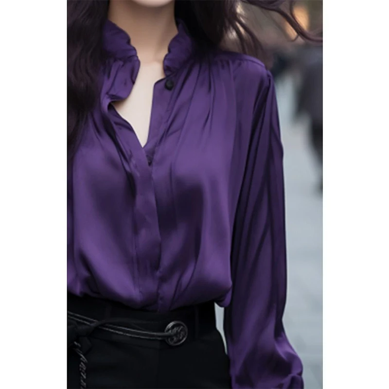 Spring Summer Stand Collar Elegant Fashion Long Sleeve Blouse Female Temperament Solid Color All-match Cardigan Top Women Shirt