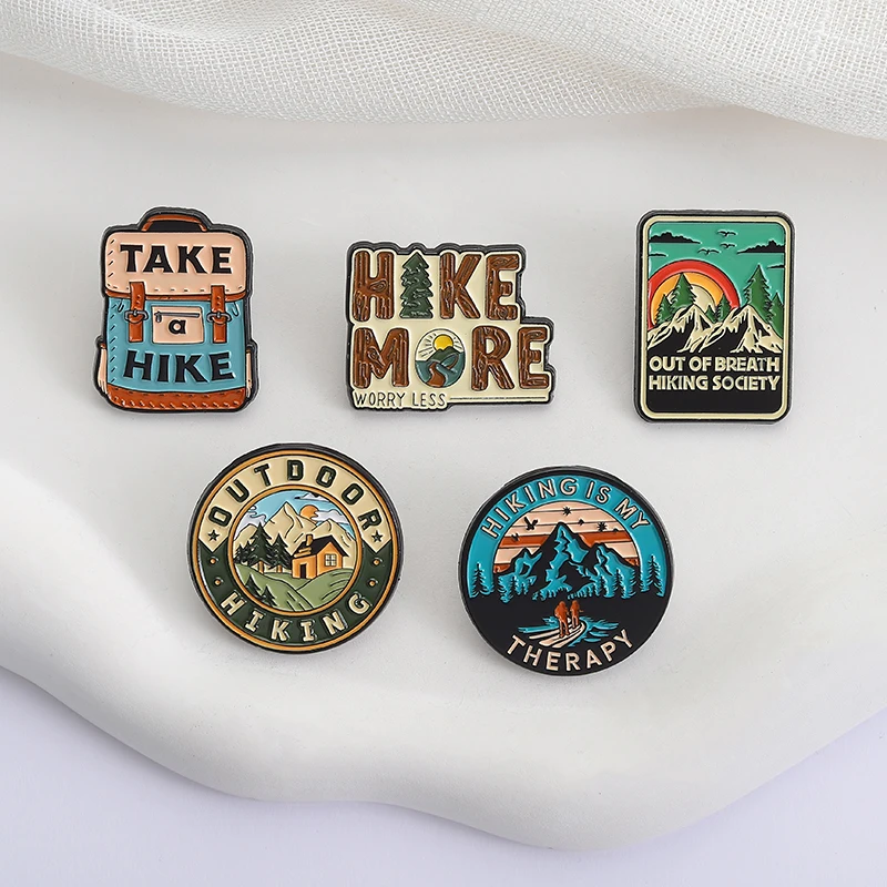 OUTDOOR HIKING Enamel Pins Custom HIKING IS MY THERAPY Brooches Lapel Badges Clothes Funny Jewelry Gift for Friends