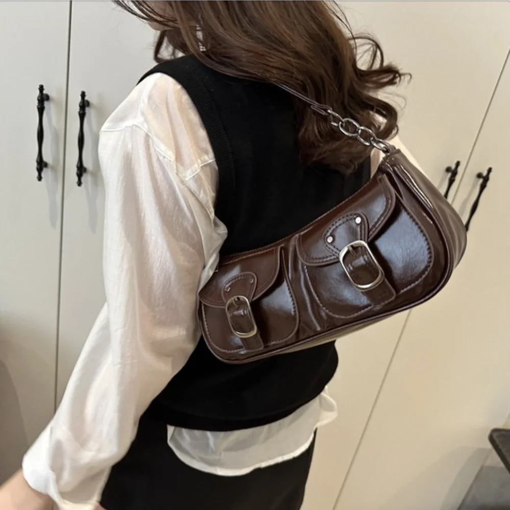 

Trendy Vintage Women's Armpit Bag Double Pockets Y2k Pu Leather Shoulder Bag Harajuku Leisure Zipper Handbag Female