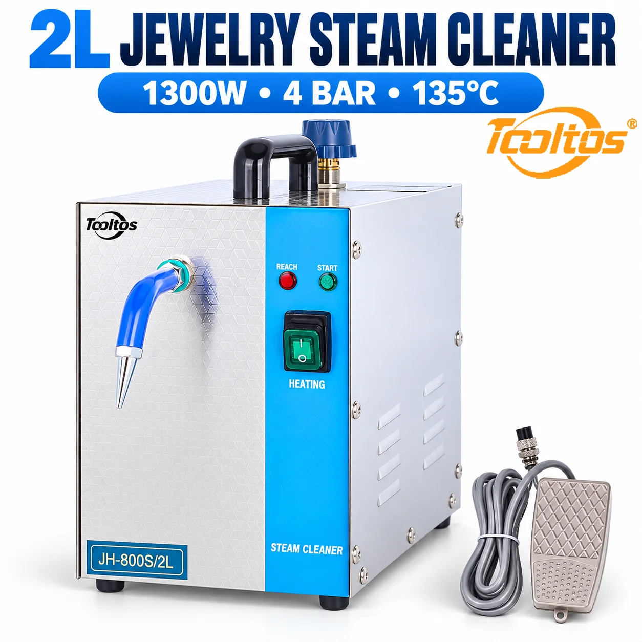 TOOLTOS 2L Jewelry Steam Cleaner 1300W 4 Bar 135°C Foot Pedal Stainless Steel Cleaning Machine 110V 220V