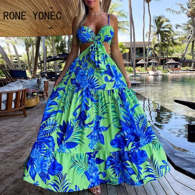 Women Elegant Sexy Spaghetti Straps All Over Print Midriff Maxi Vacation Beach Sexy Dresses