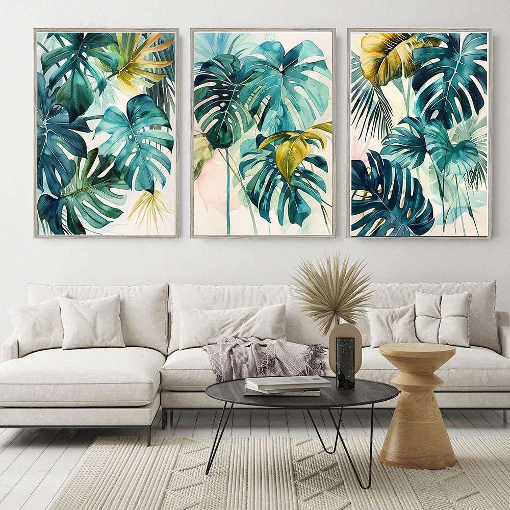 

Tropical Leaves Print Watercolour Green Golden Palm Leaf Wall Art Poster Modern Art Canvas Painting for Living Room Home Decor